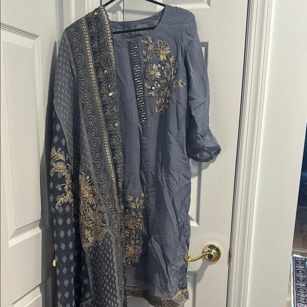 New Indian 3 Piece Suit with Mirror work, gold thread embroidery and appliqué